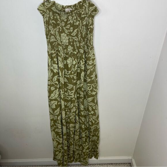 Pilcro Anthropologie Smocked Printed Linen Wide Leg Jumpsuit Medium Moss Floral - Picture 5 of 16